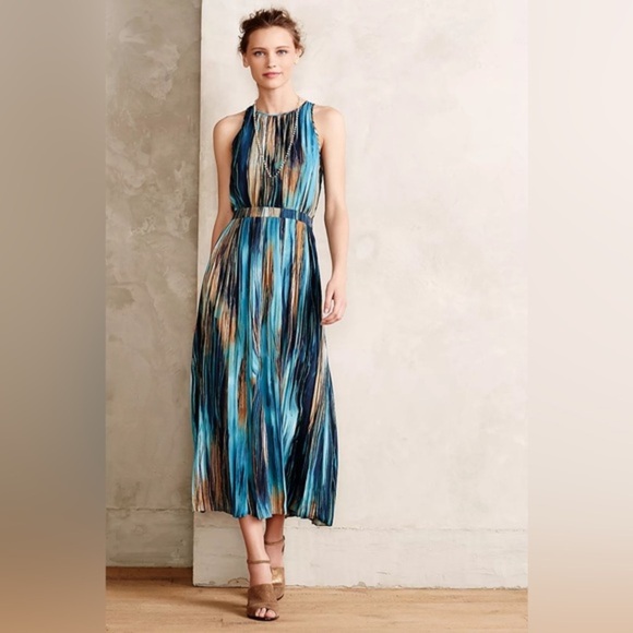 Anthropologie Paper Crown Women’s Blue and Brown Midi Dress Size 2 - Picture 1 of 16